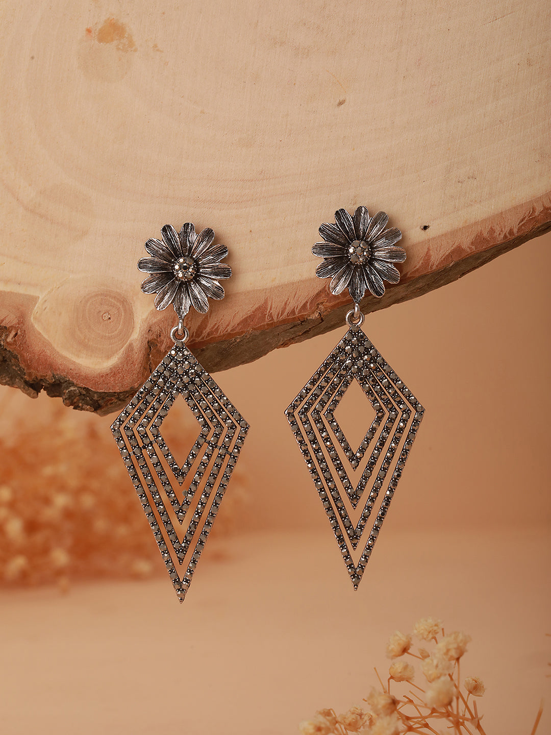 Silver-Toned Triangular Shaped Drop Earrings