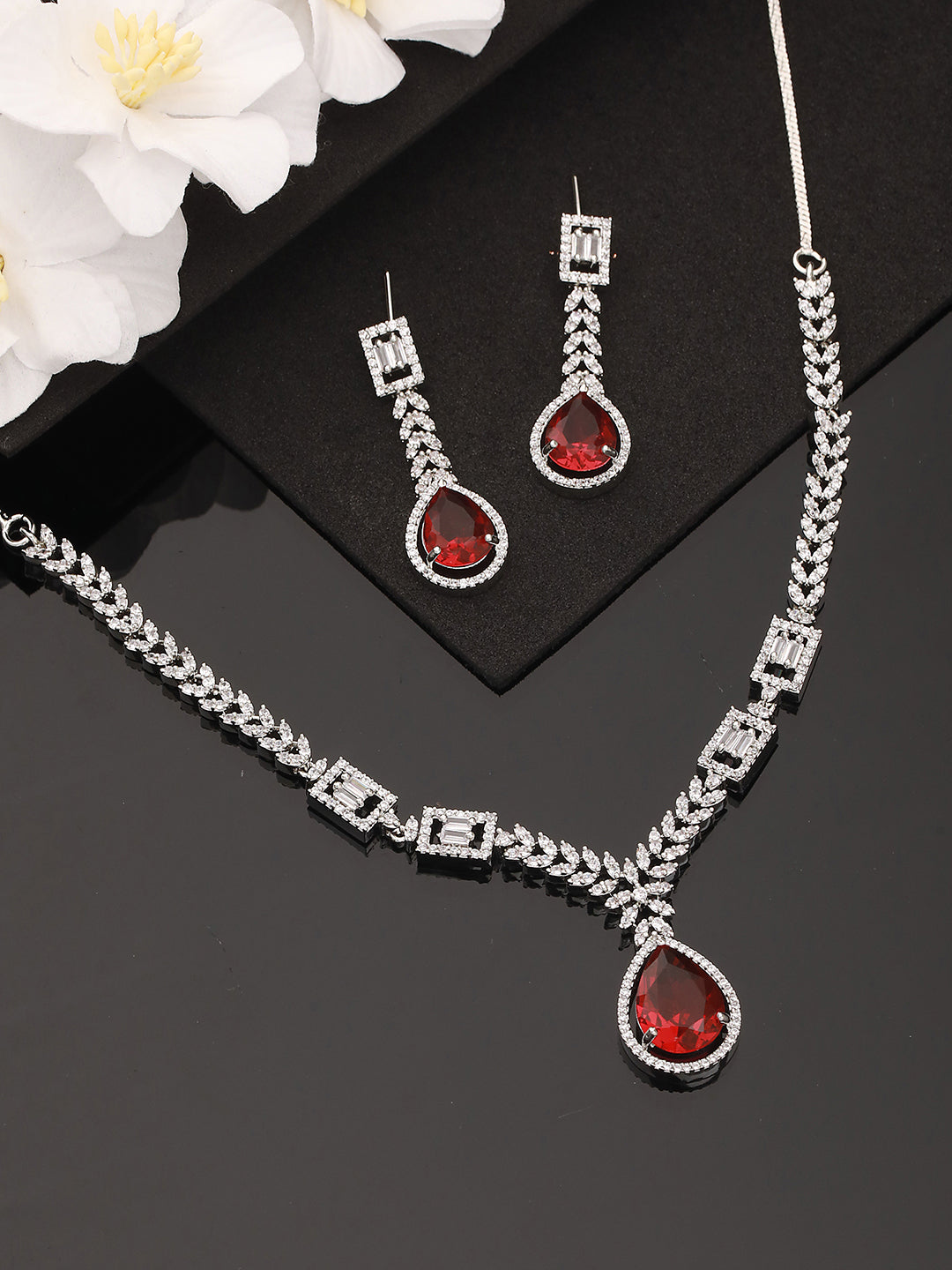 Silver-Plated Red Ad-Studded Jewellery Set