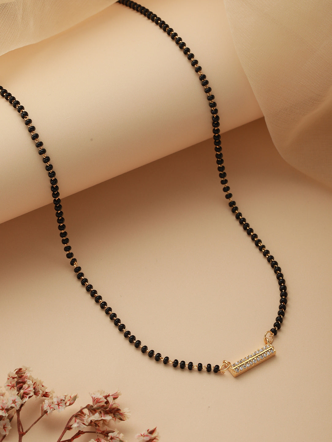 Black Gold-Plated Ad-Studded & Beaded Mangalsutra