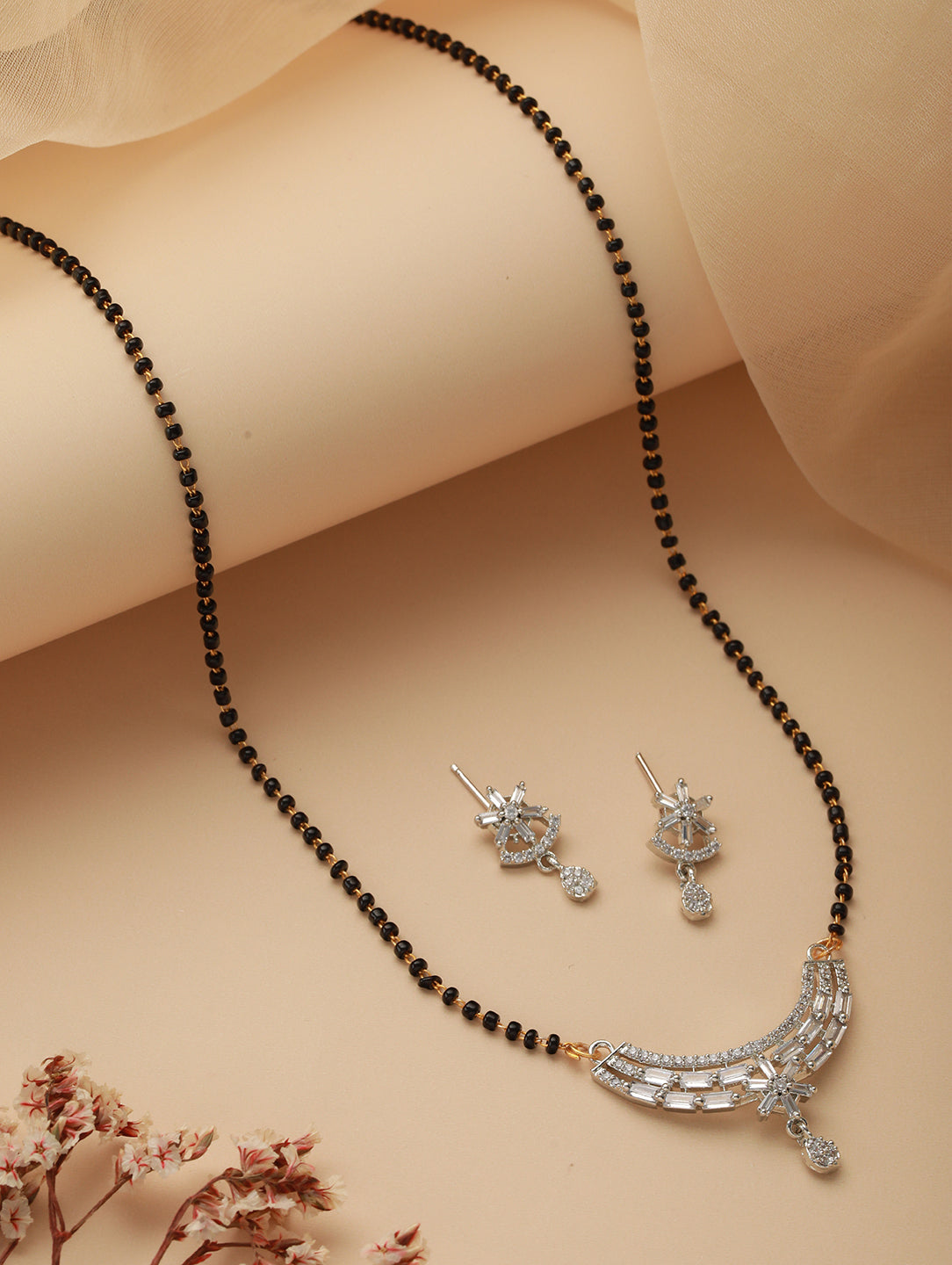 Rhodium-Plated Black American Diamond-Studded & Beaded Mangalsutra With Earrings