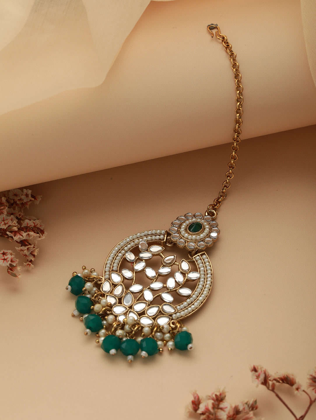 Gold-Plated & Kundan-Studded Green Maangtikka