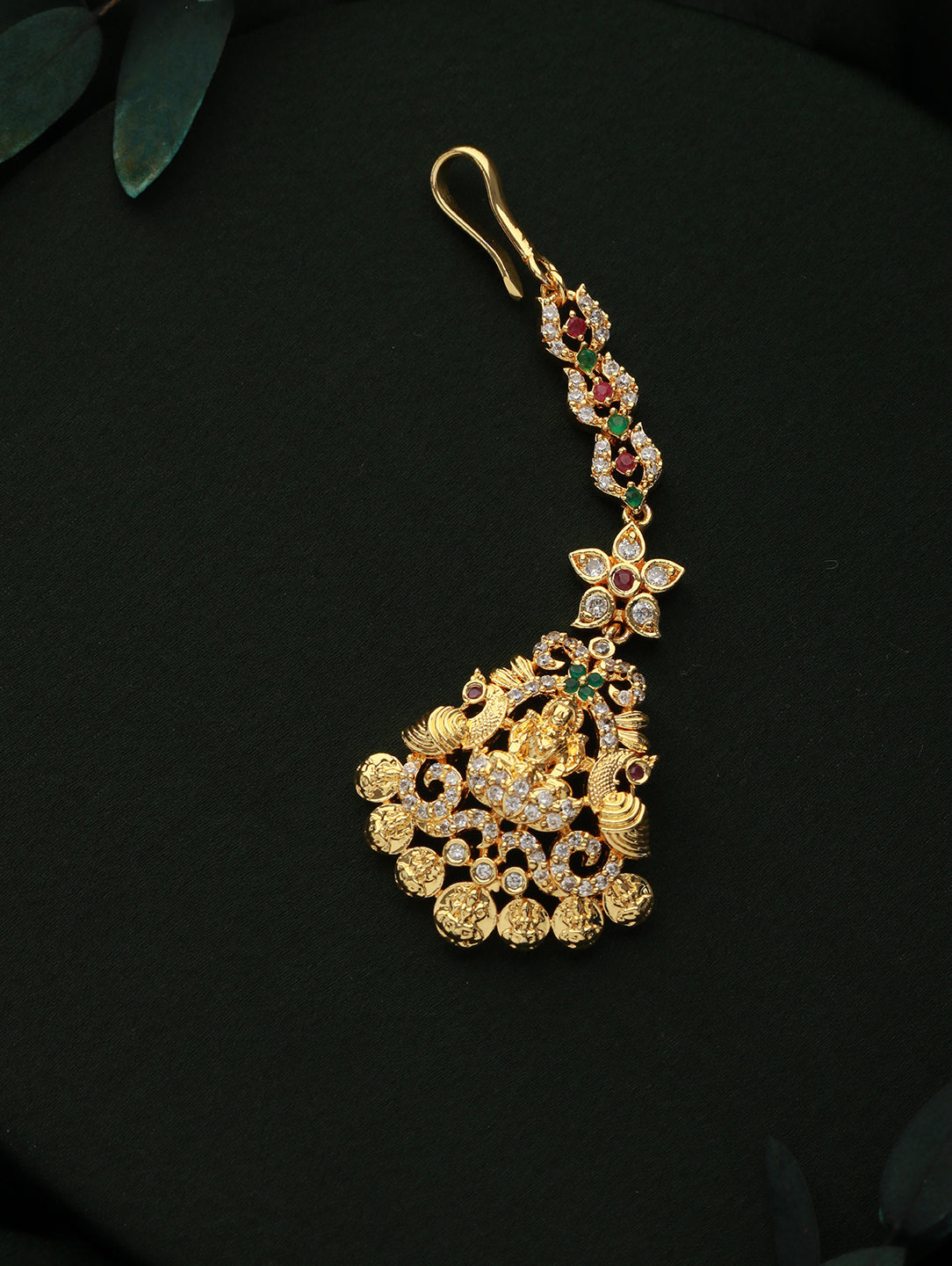 Gold-Plated White & Red Ad Studded & Pearl Peacock Maang Tikka