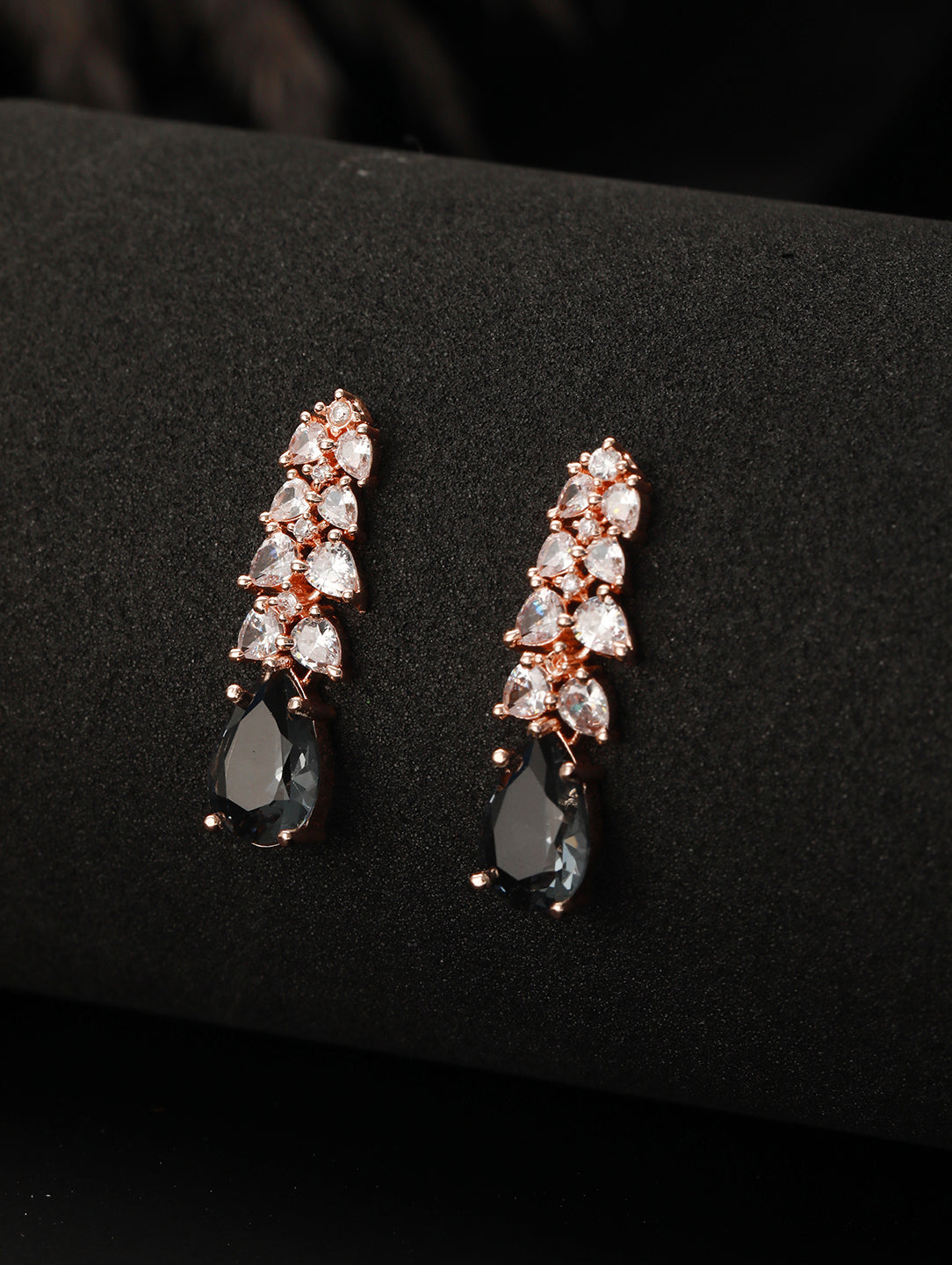 Rose Gold-Plated & Grey Ad-Studded Handcrafted Teardrop Drop Earrings