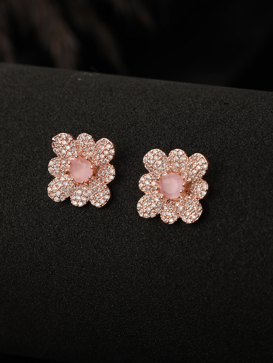 Rose Gold Plated & Pink Ad-Studded Floral Studs Earrings