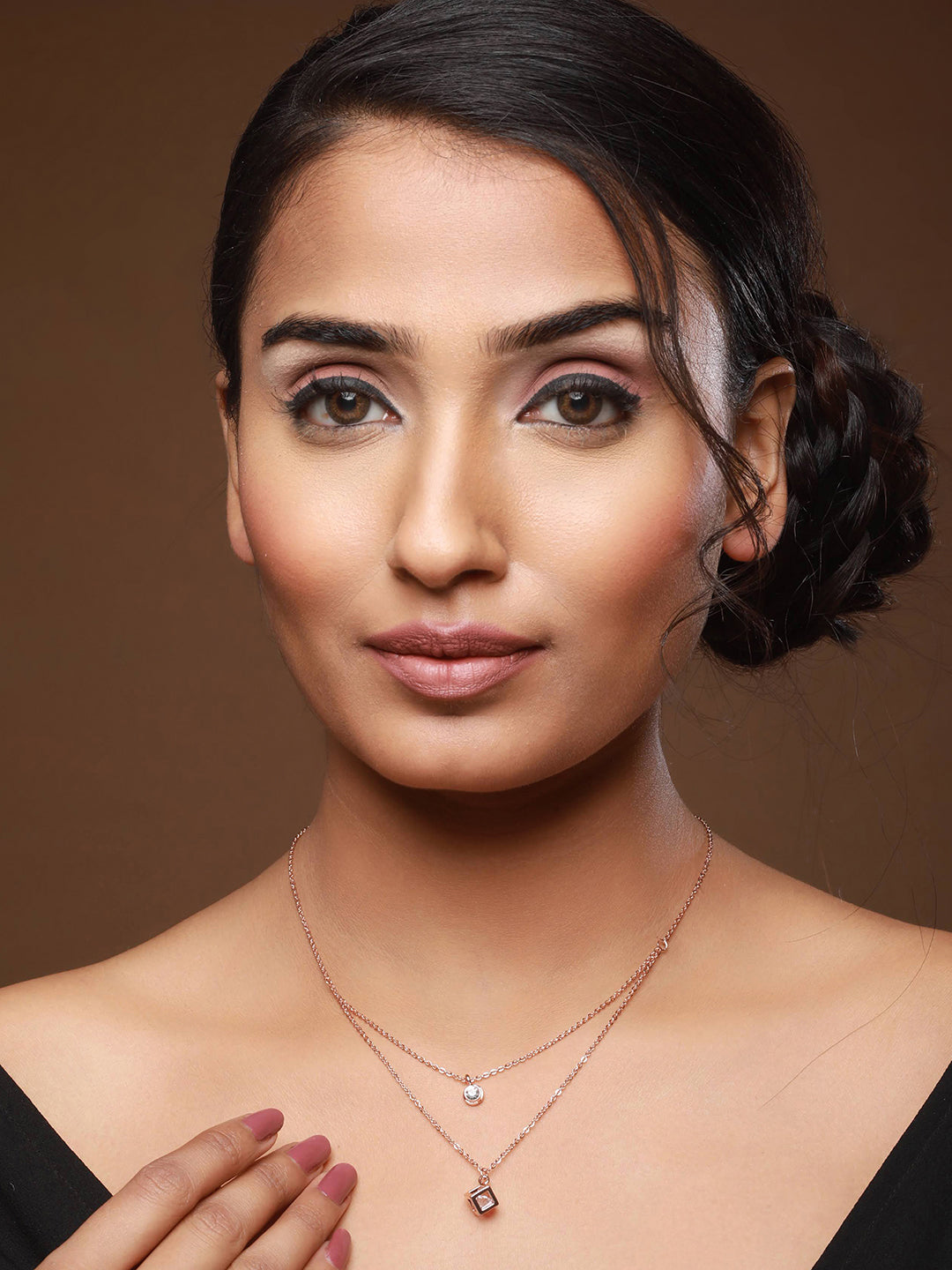 Rose Gold-Plated Cubic Zirconia Studded Layered Chain