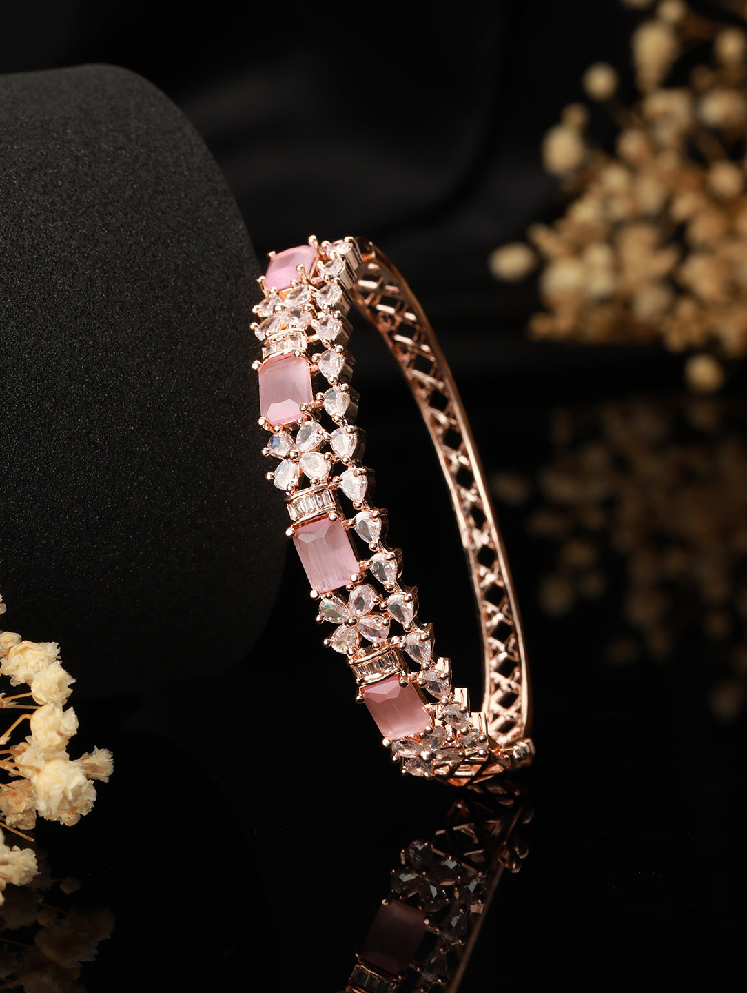 Rose Gold Plated & Pink American Diamond Studded Bangle Style Bracelet