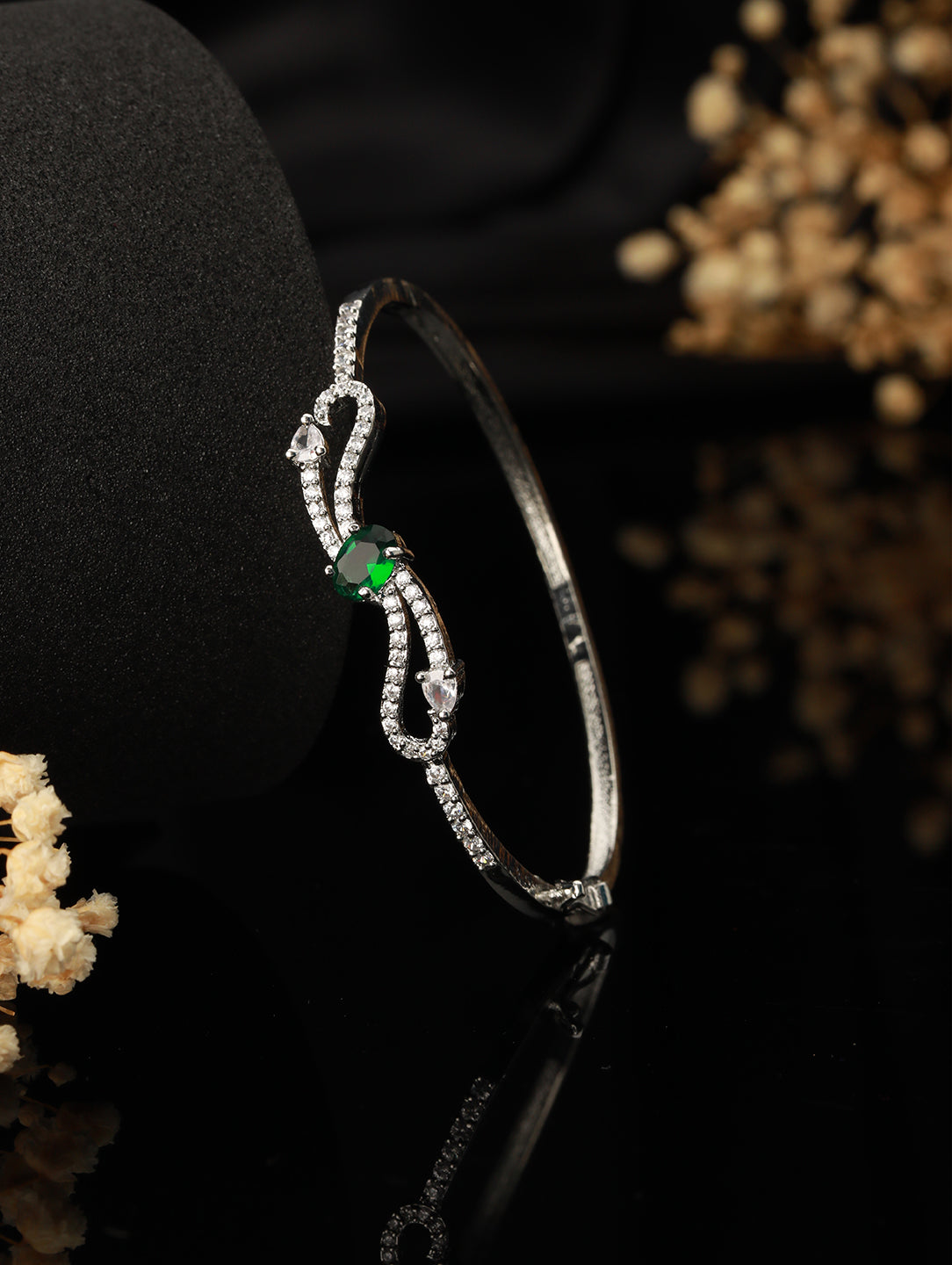 Green & White American Diamond Studded Rhodium-Plated Link Bracelet