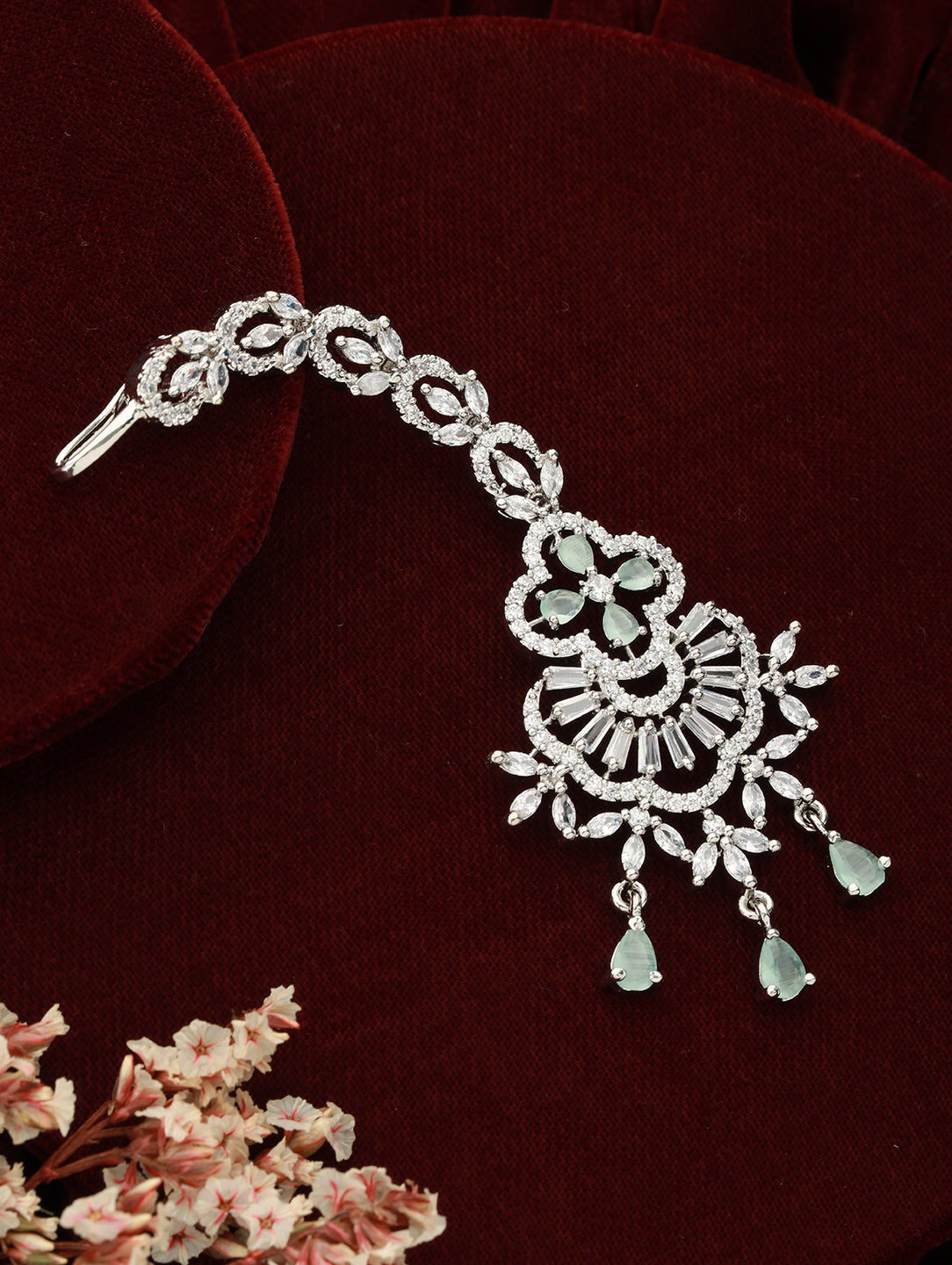 Rhodium-Plated Green & White Ad Studded Maang Tikka