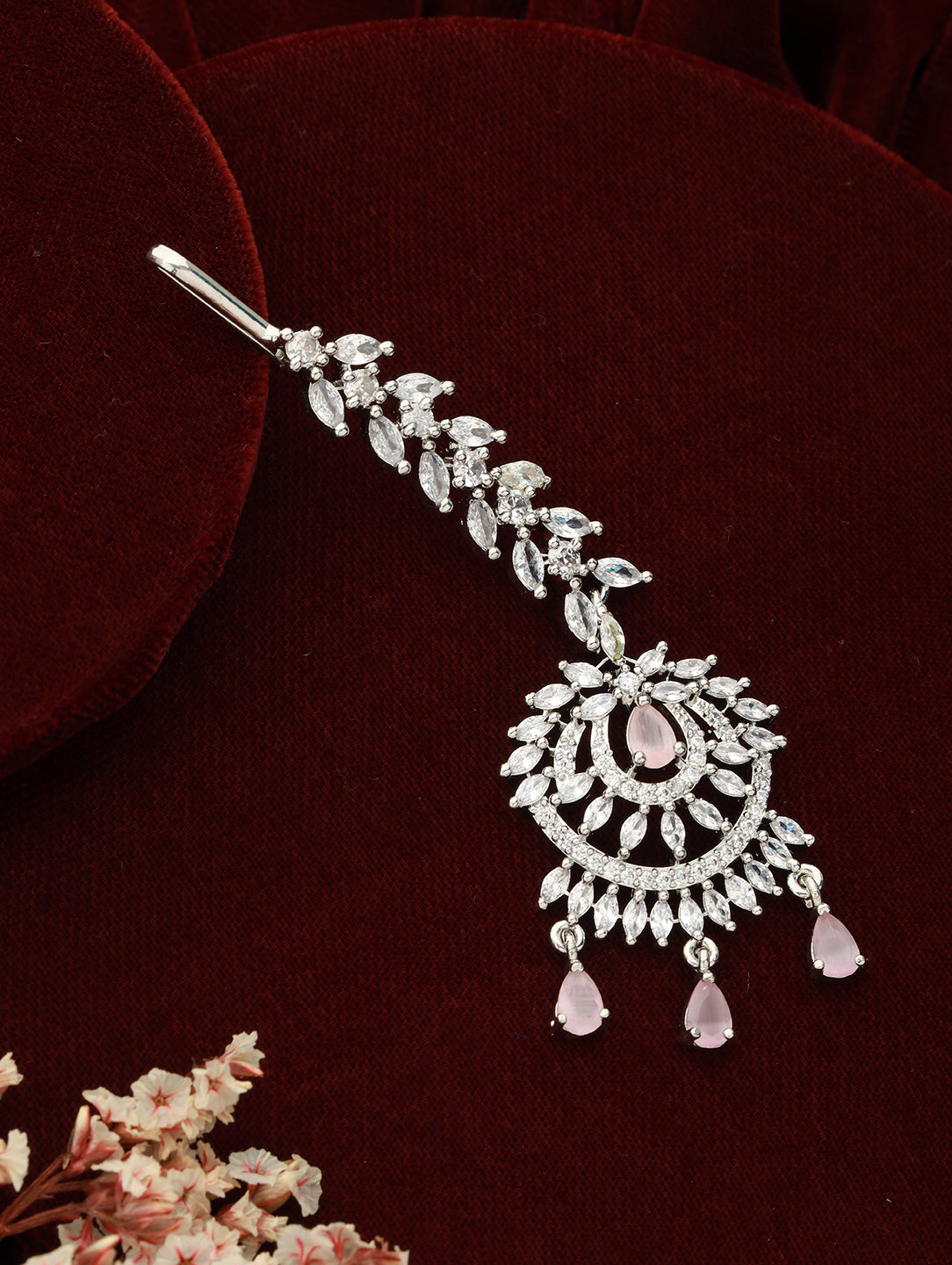 Rhodium-Plated Pink & White Ad Studded Maang Tikka
