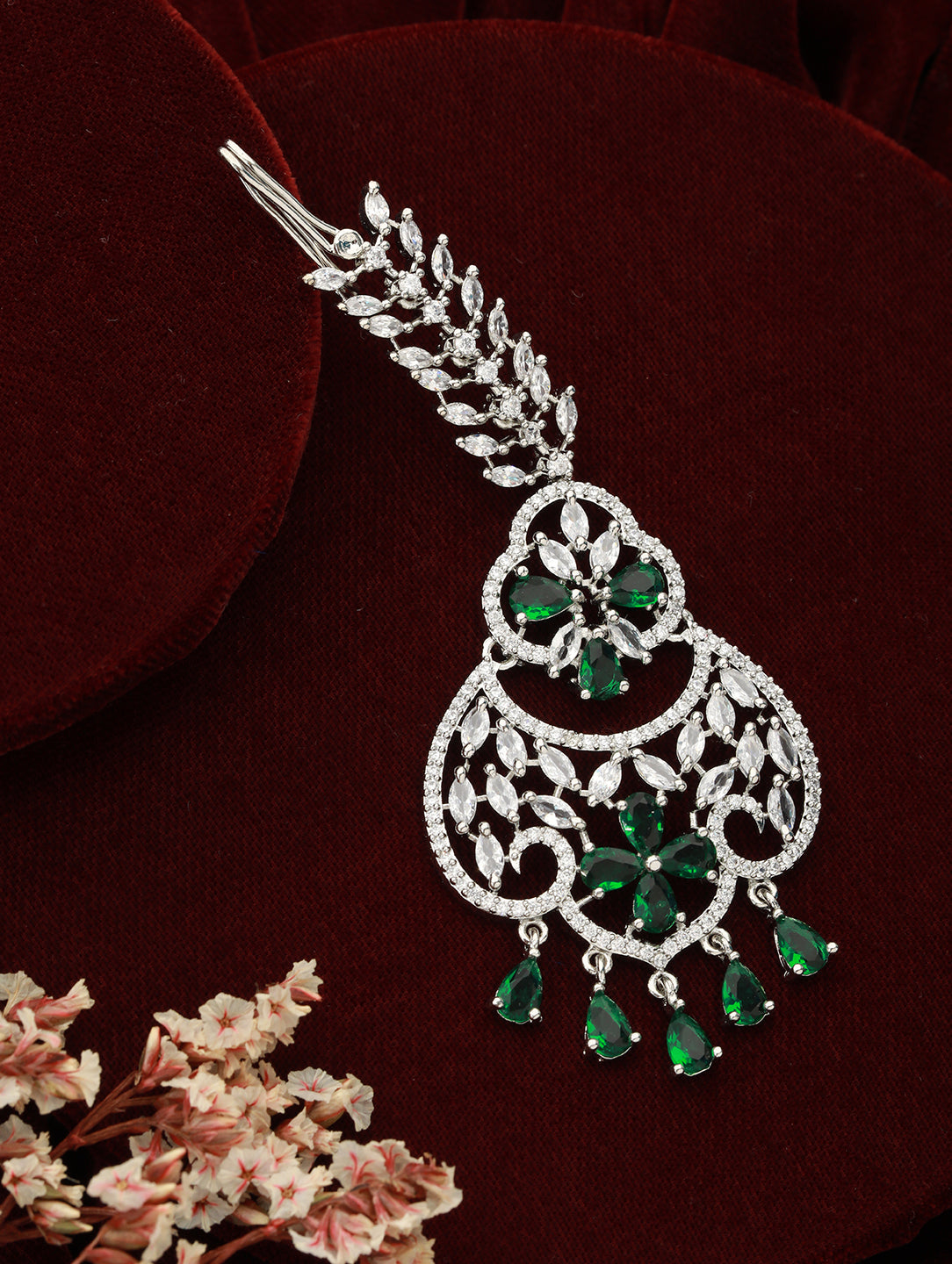 Silver-Plated & Green American Diamond & White Cz-Studded Handcrafted Maang Tikka