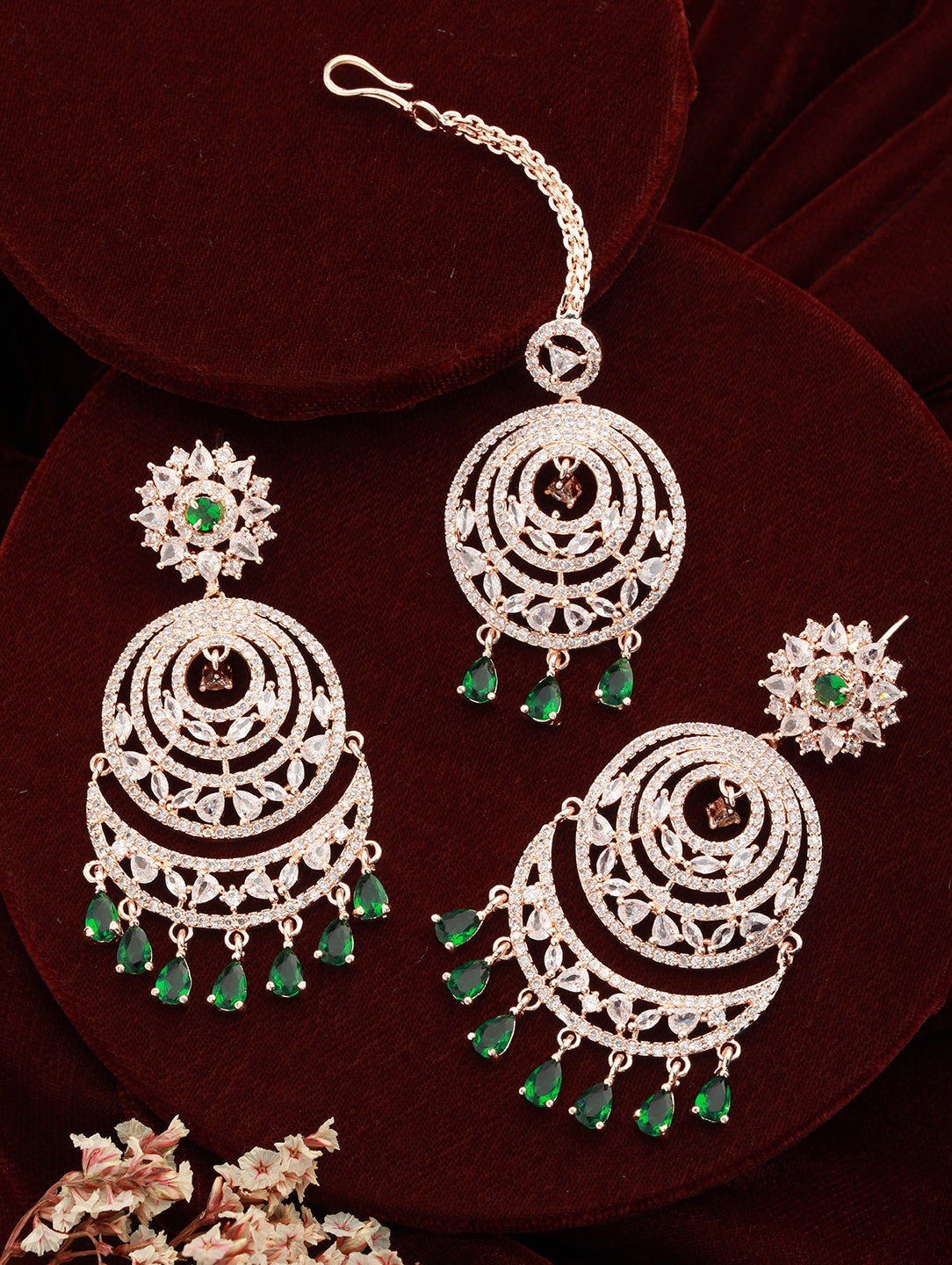 Rosegold-Plated Green American Diamond Studded Maang Tikka And Earrings Set
