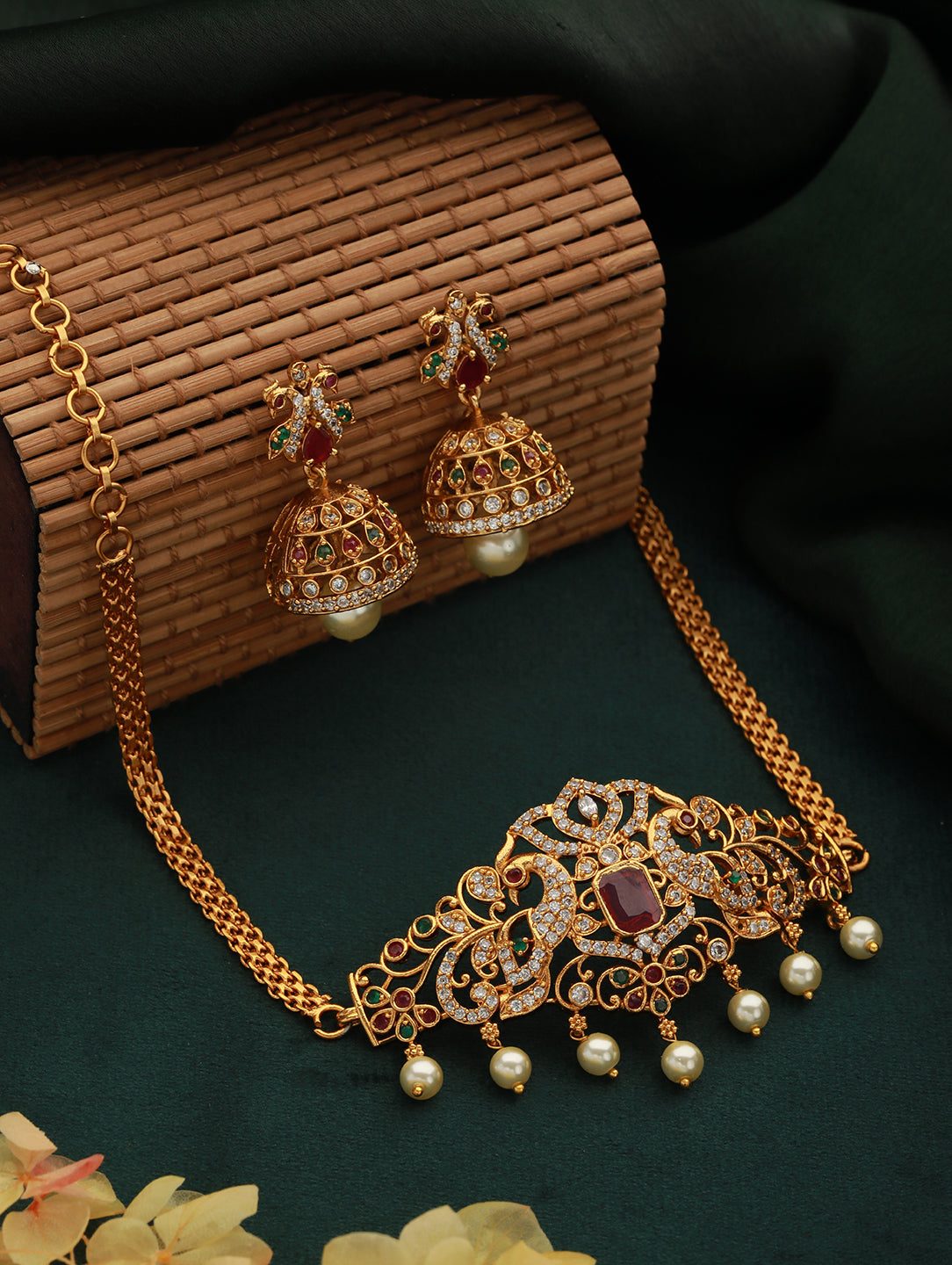 24K Gold-Plated Ad Studded & Artificial Beaded Temple Jewellery Set