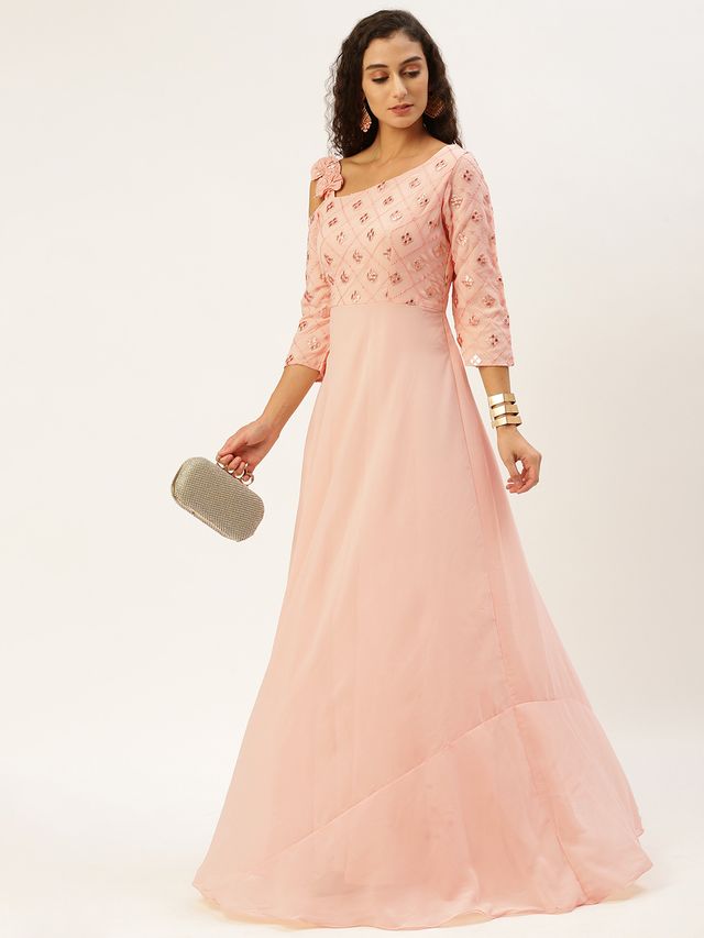 Bollywood Vogue Ready To Wear Peach Georgette Sequins One Shoulder Style Gown
