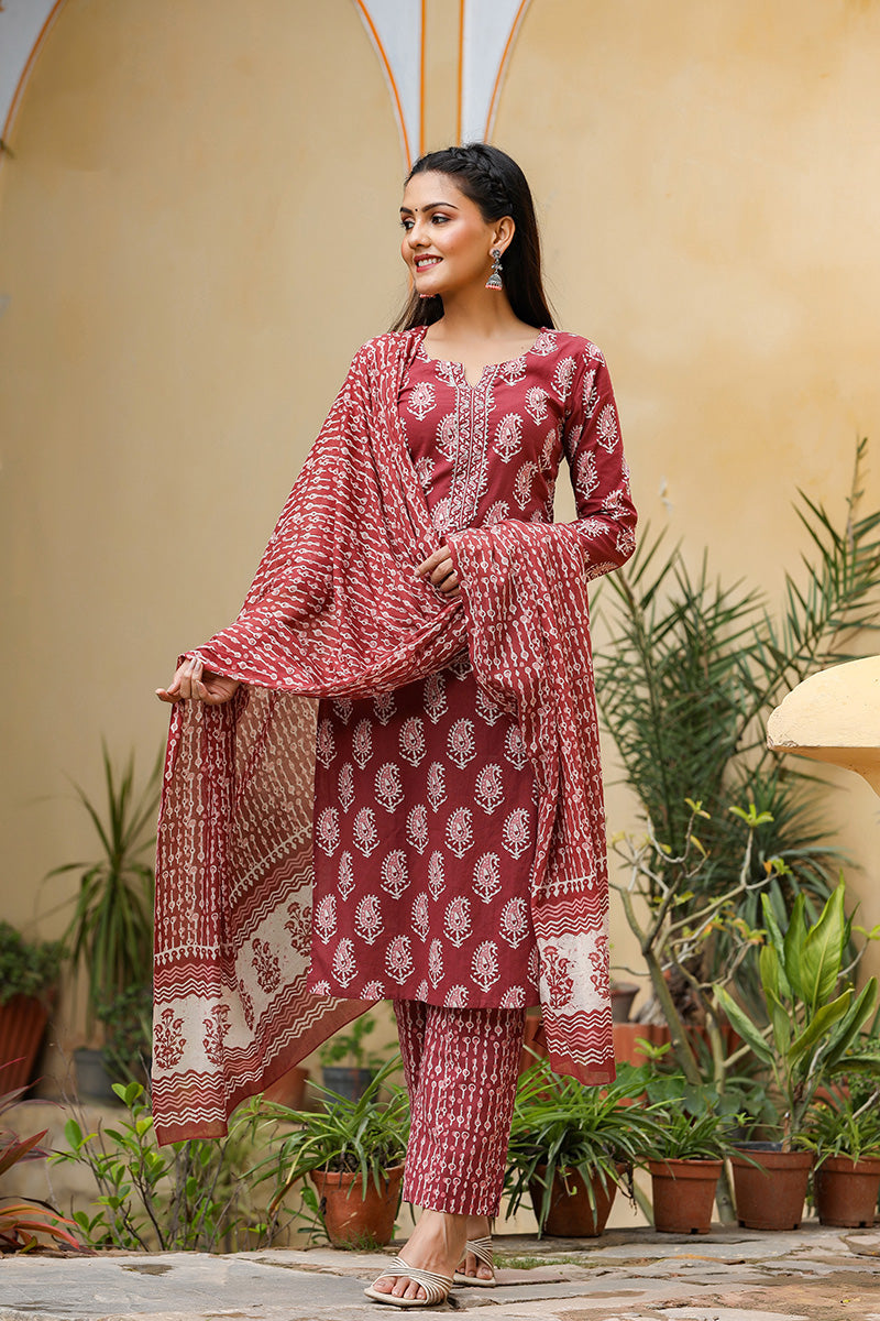 Burgundy Rayon Blend Straight Suit Set