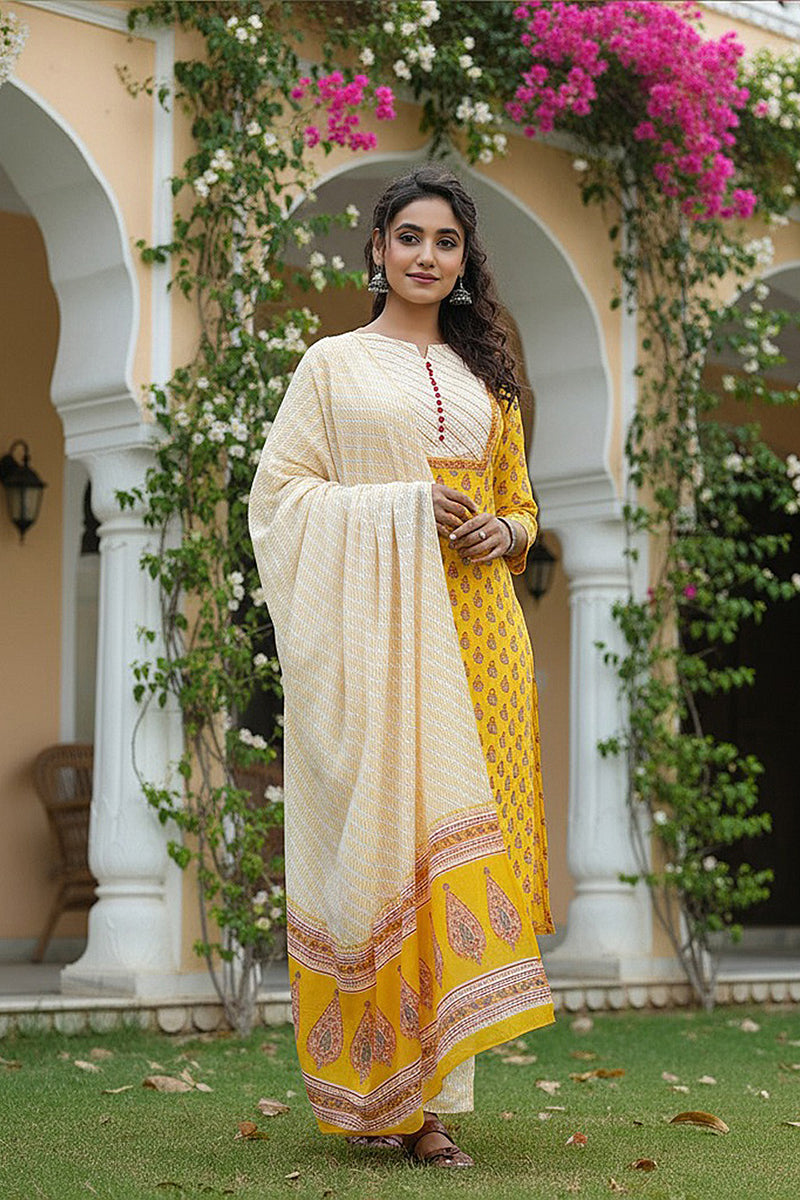 Yellow Rayon Blend Straight Suit Set