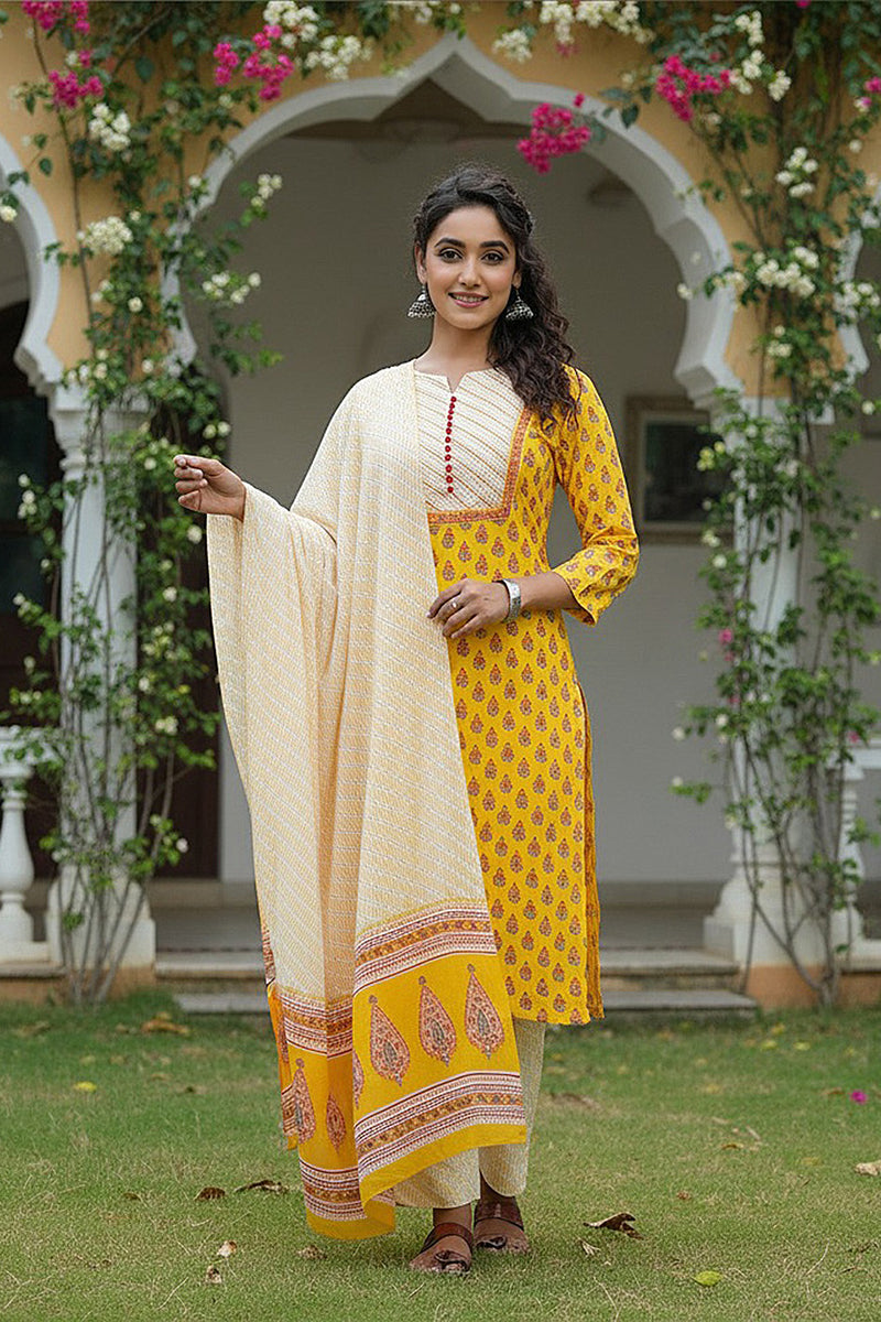Yellow Rayon Blend Straight Suit Set