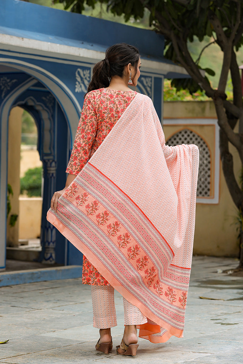 Peach Rayon Blend Ethnic Motifs Print Suit Set