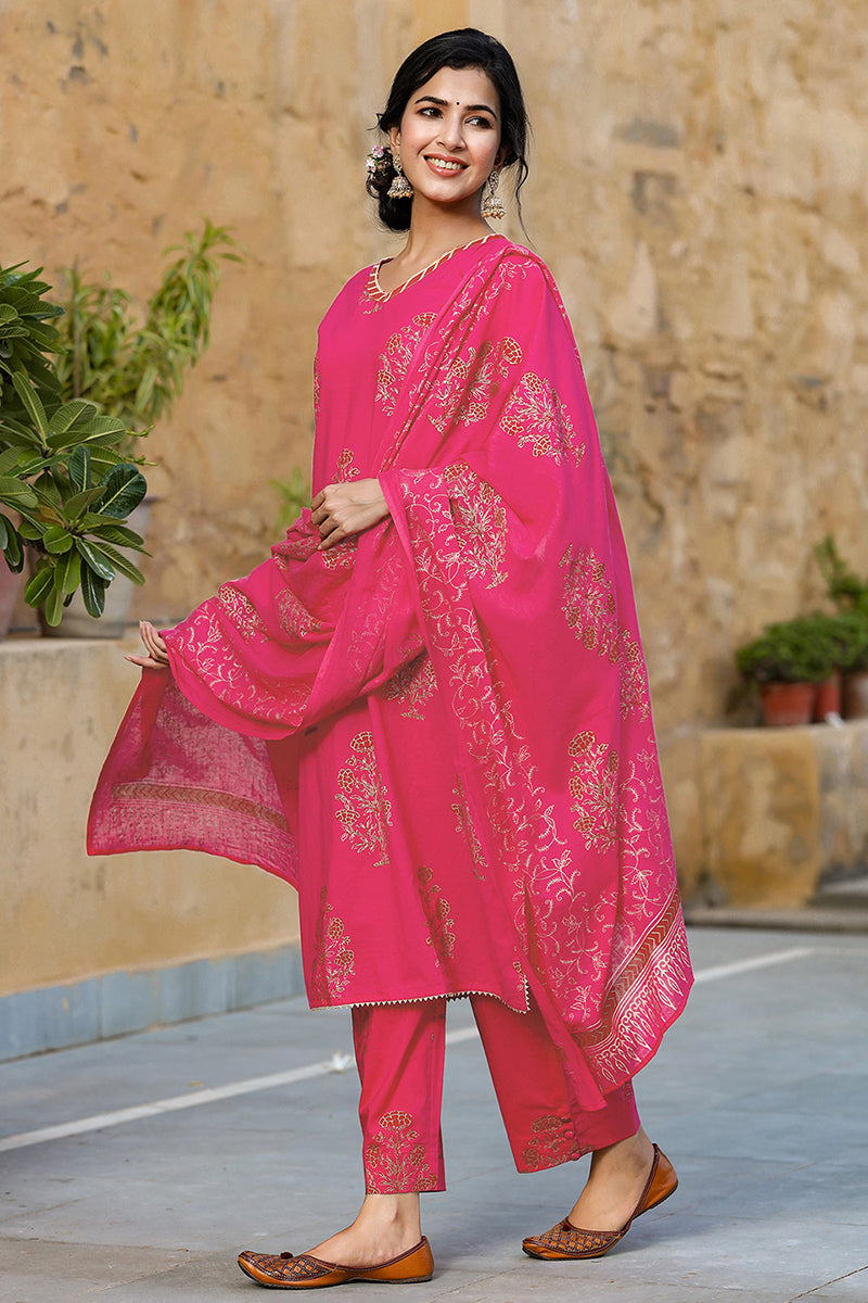Pink Cotton Straight Suit Set