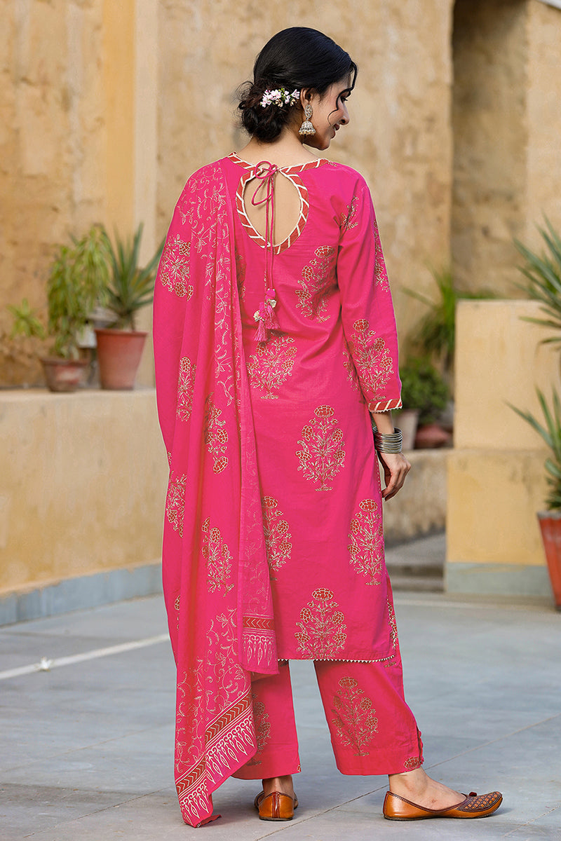 Pink Cotton Straight Suit Set