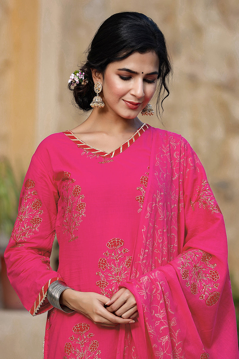 Pink Cotton Straight Suit Set