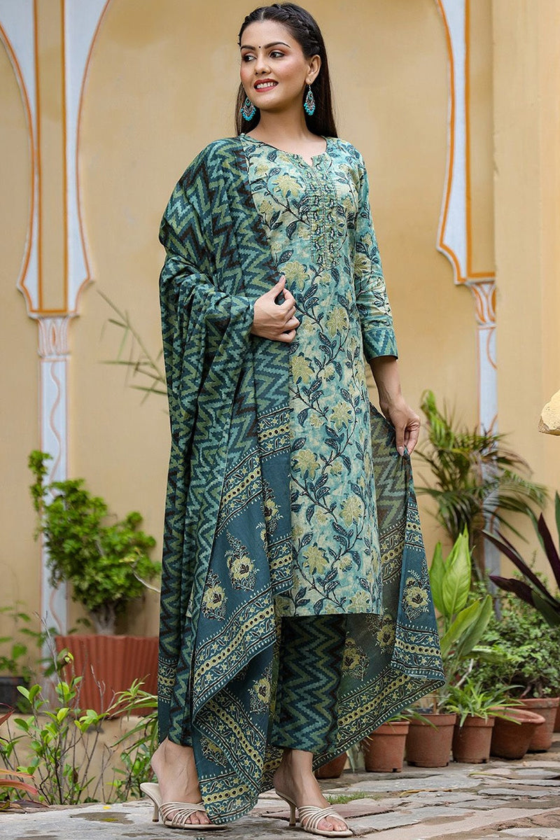 Rayon Blend Teal Ethnic Motifs Printed Straight Kurta Palazzo Dupatta Set