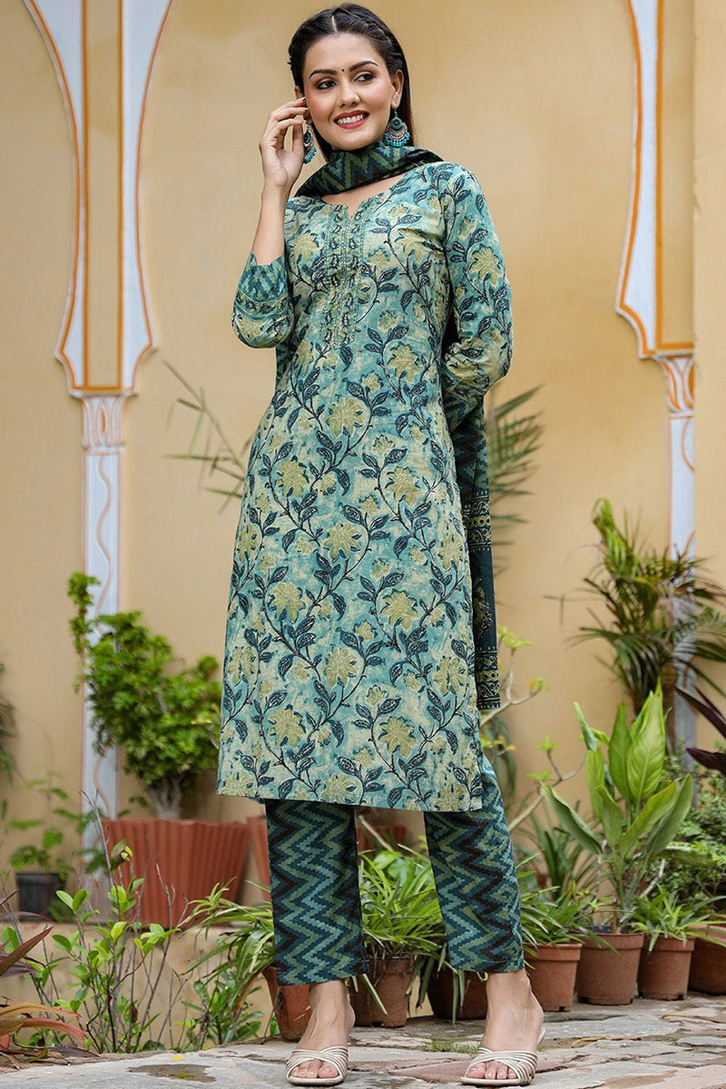 Rayon Blend Teal Ethnic Motifs Printed Straight Kurta Palazzo Dupatta Set