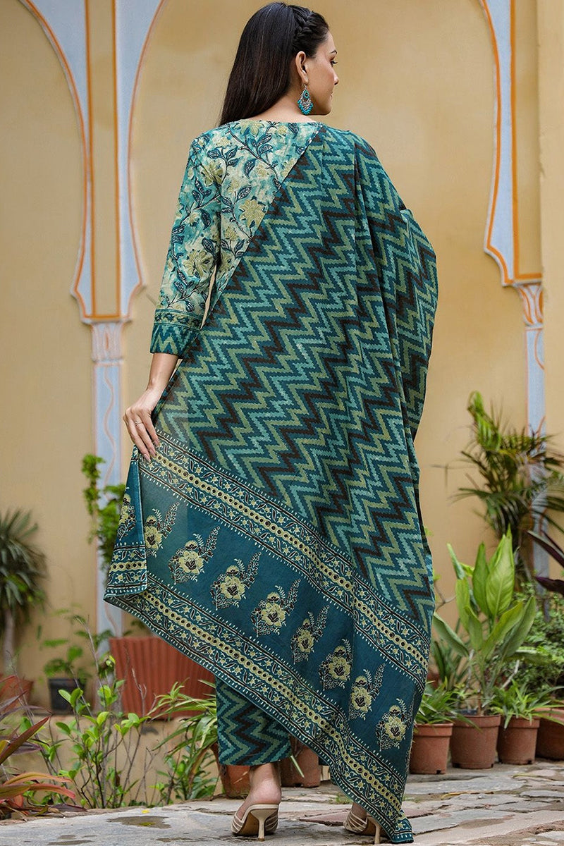 Rayon Blend Teal Ethnic Motifs Printed Straight Kurta Palazzo Dupatta Set