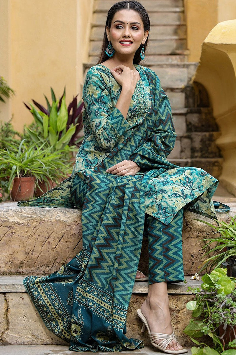 Rayon Blend Teal Ethnic Motifs Printed Straight Kurta Palazzo Dupatta Set