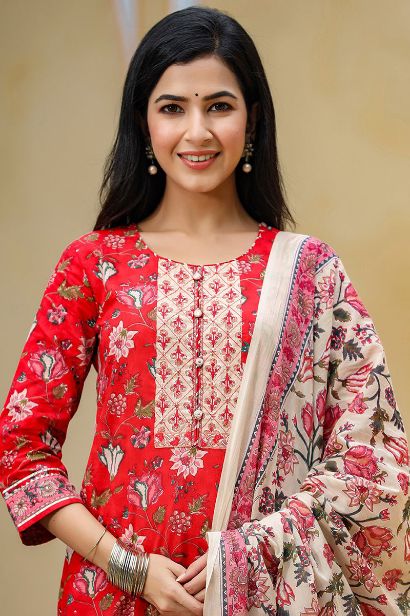 Red Rayon Blend Floral Printed Suit Set
