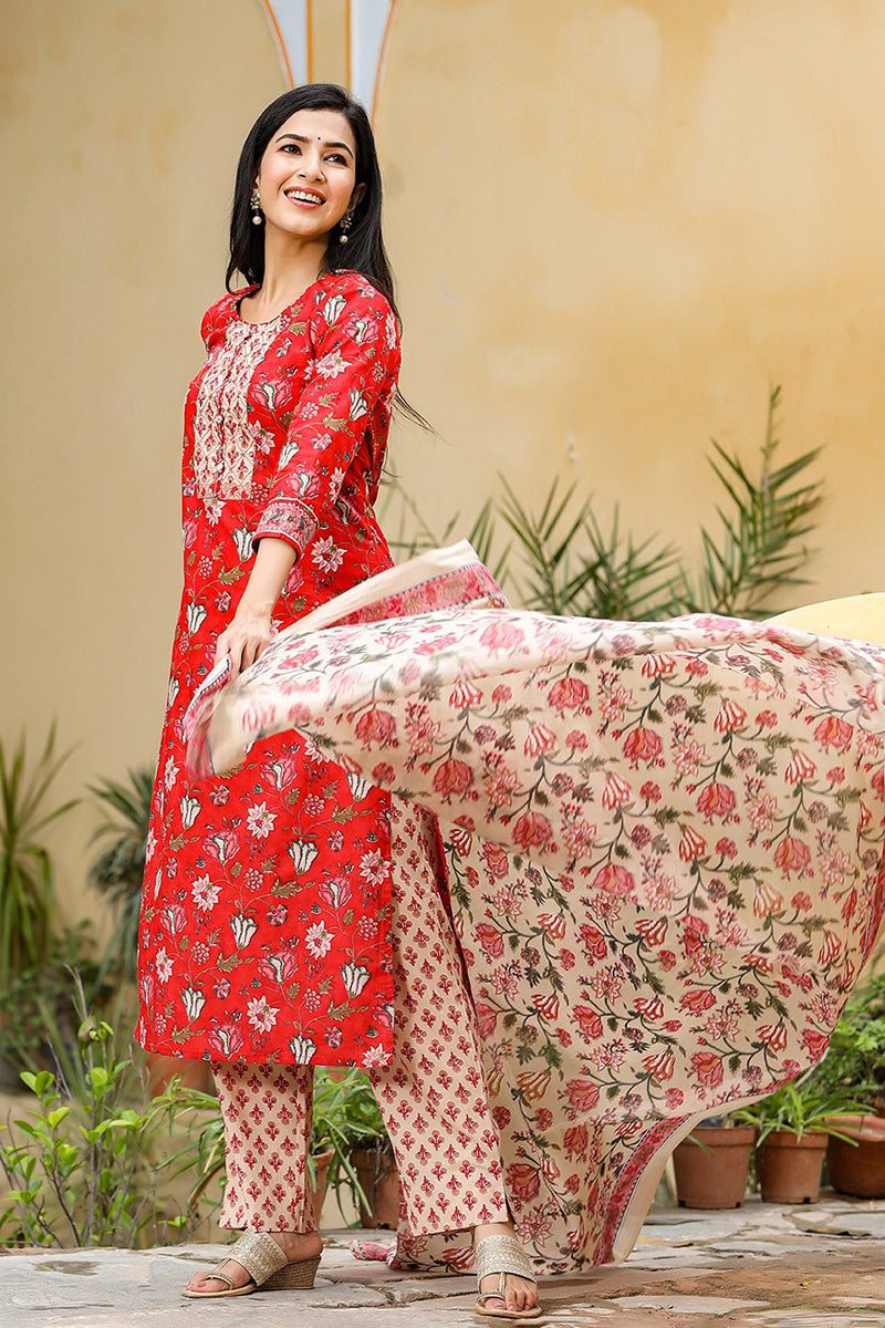 Red Rayon Blend Floral Printed Suit Set