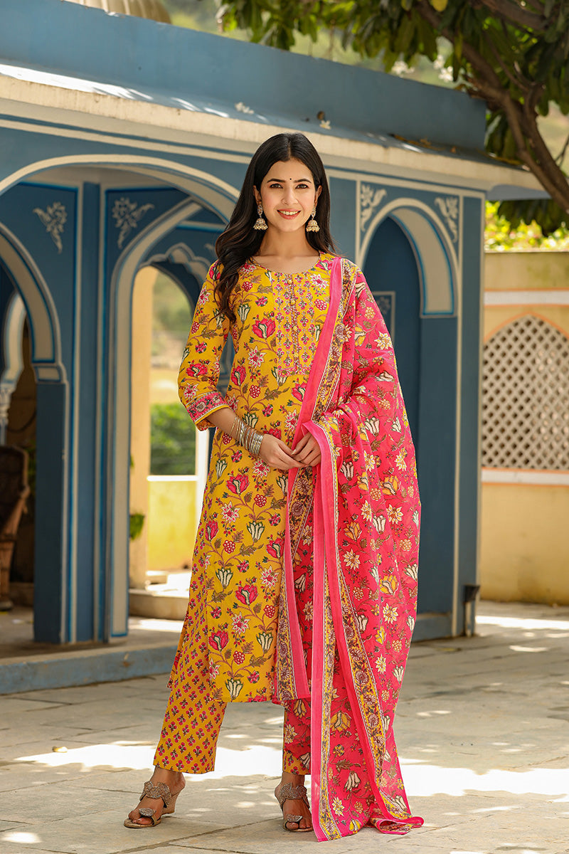 Mustard Rayon Blend Floral Print Suit Set