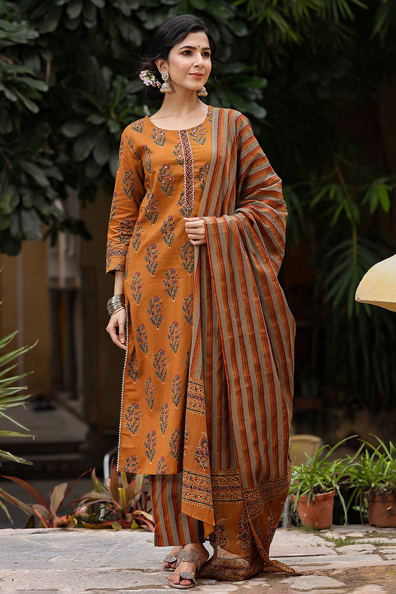 Mustard Rayon Blend Straight Suit Set