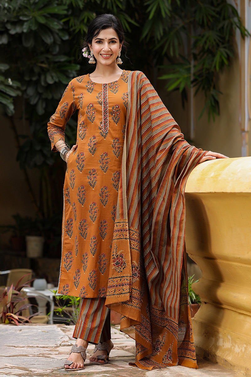 Mustard Rayon Blend Straight Suit Set