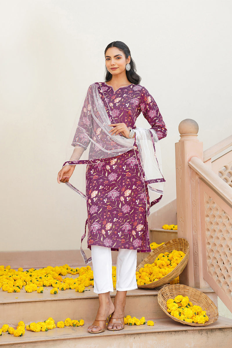 Purple Rayon Blend Floral Straight Kurta Pant With Dupatta