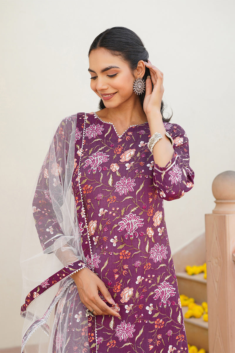 Purple Rayon Blend Floral Straight Kurta Pant With Dupatta