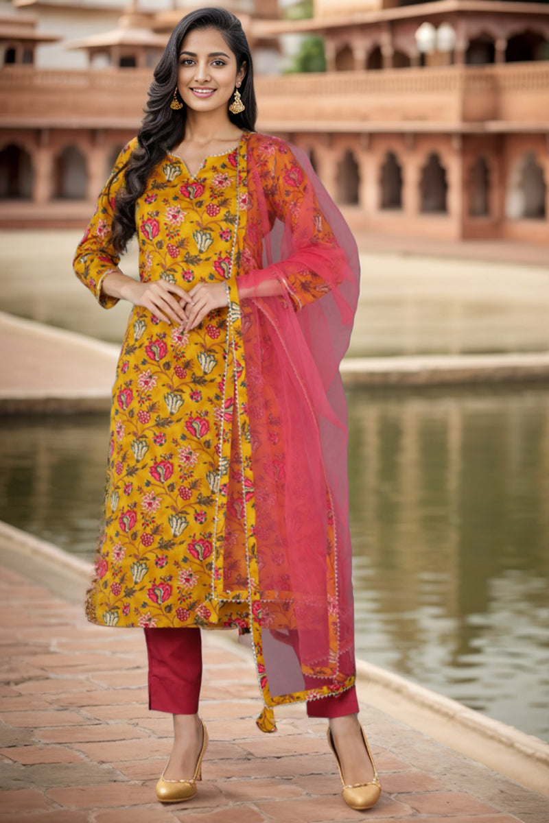 Mustard Rayon Blend Floral Straight Kurta Pant With Dupatta
