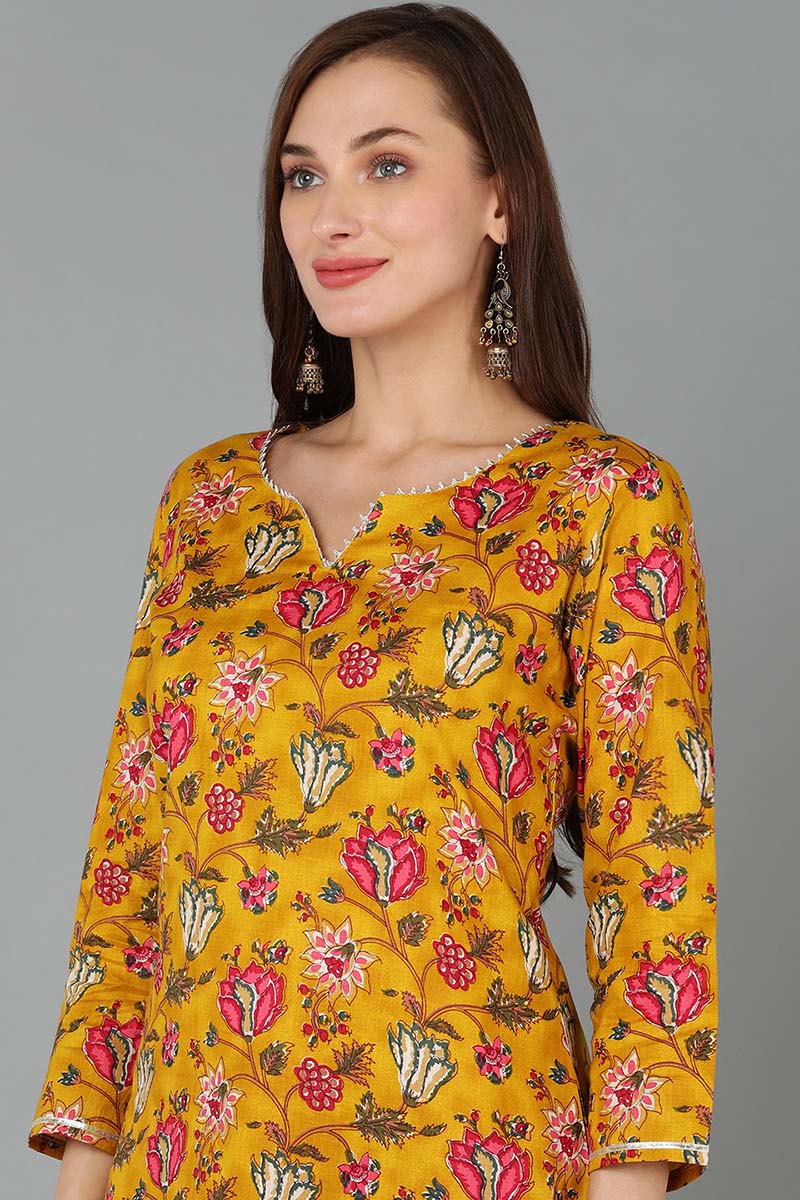 Mustard Rayon Blend Floral Straight Kurta Pant With Dupatta