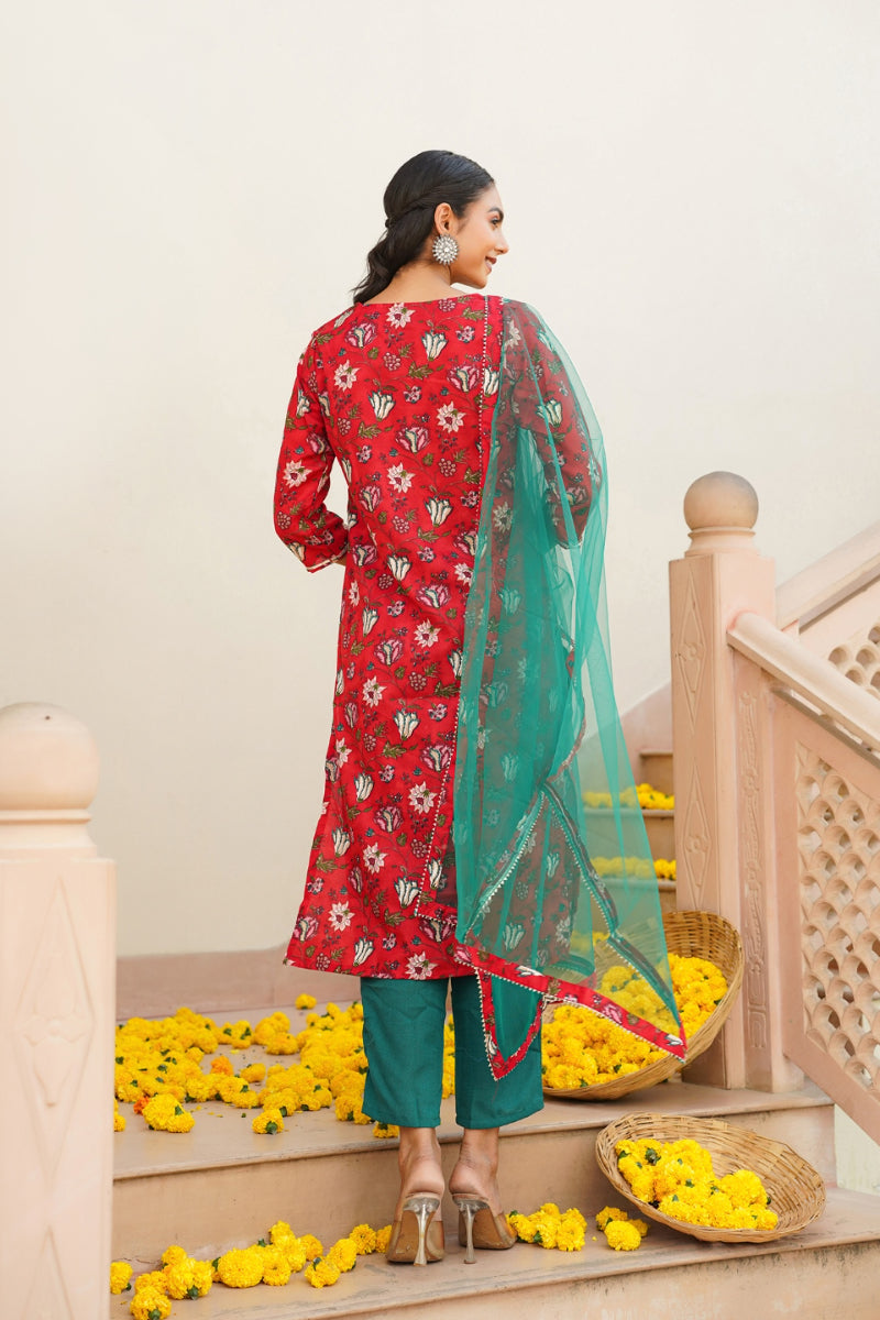 Red Rayon blend Floral Straight Kurta Pant With Dupatta