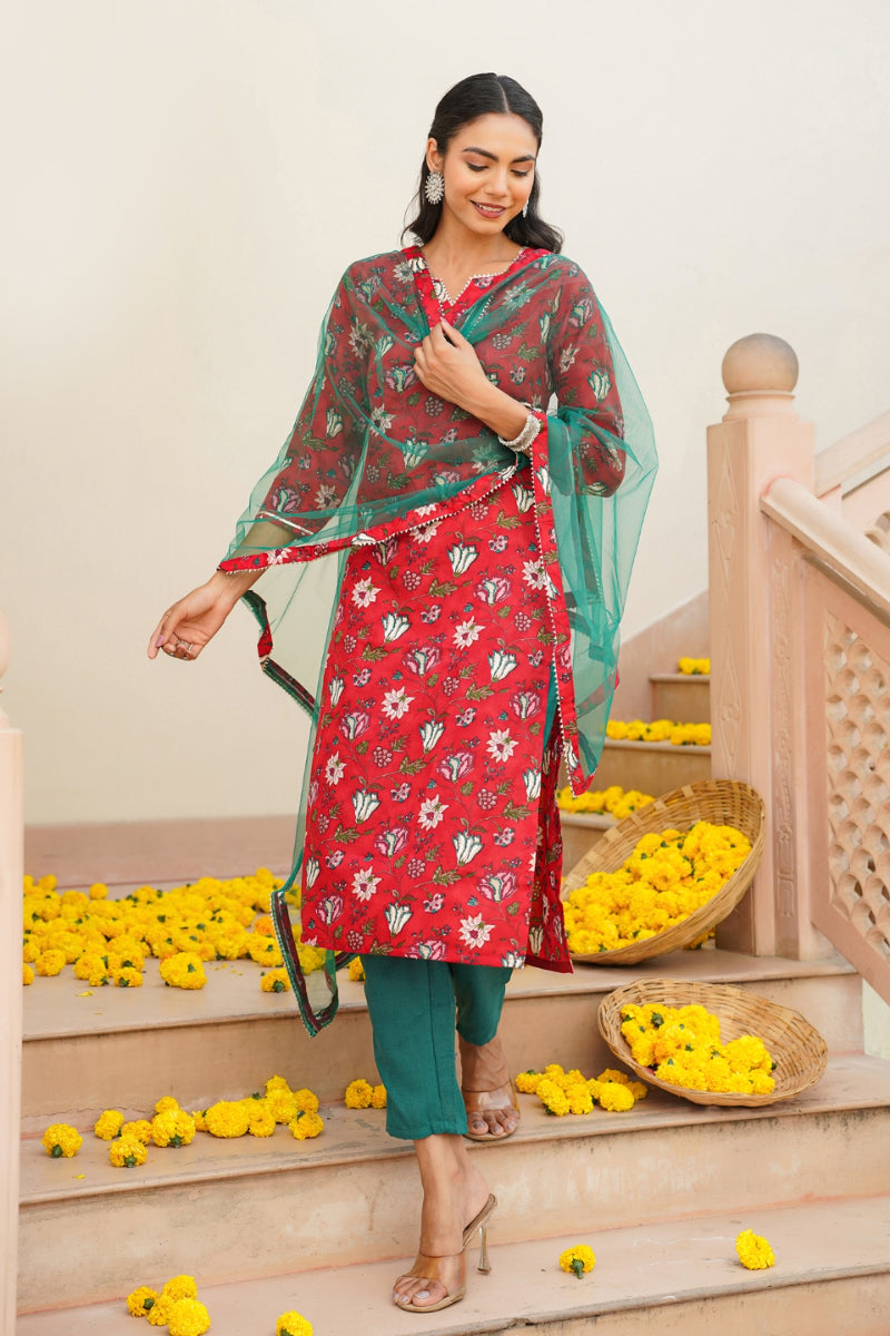 Red Rayon blend Floral Straight Kurta Pant With Dupatta