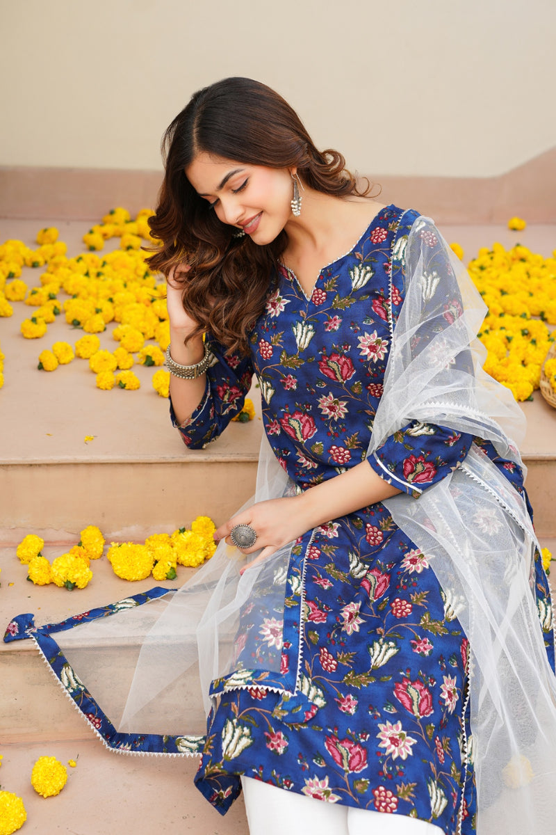 Blue Rayon Blend Printed Kurta Pant With Dupatta