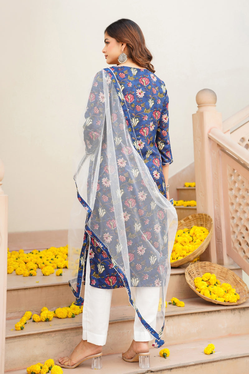 Blue Rayon Blend Printed Kurta Pant With Dupatta