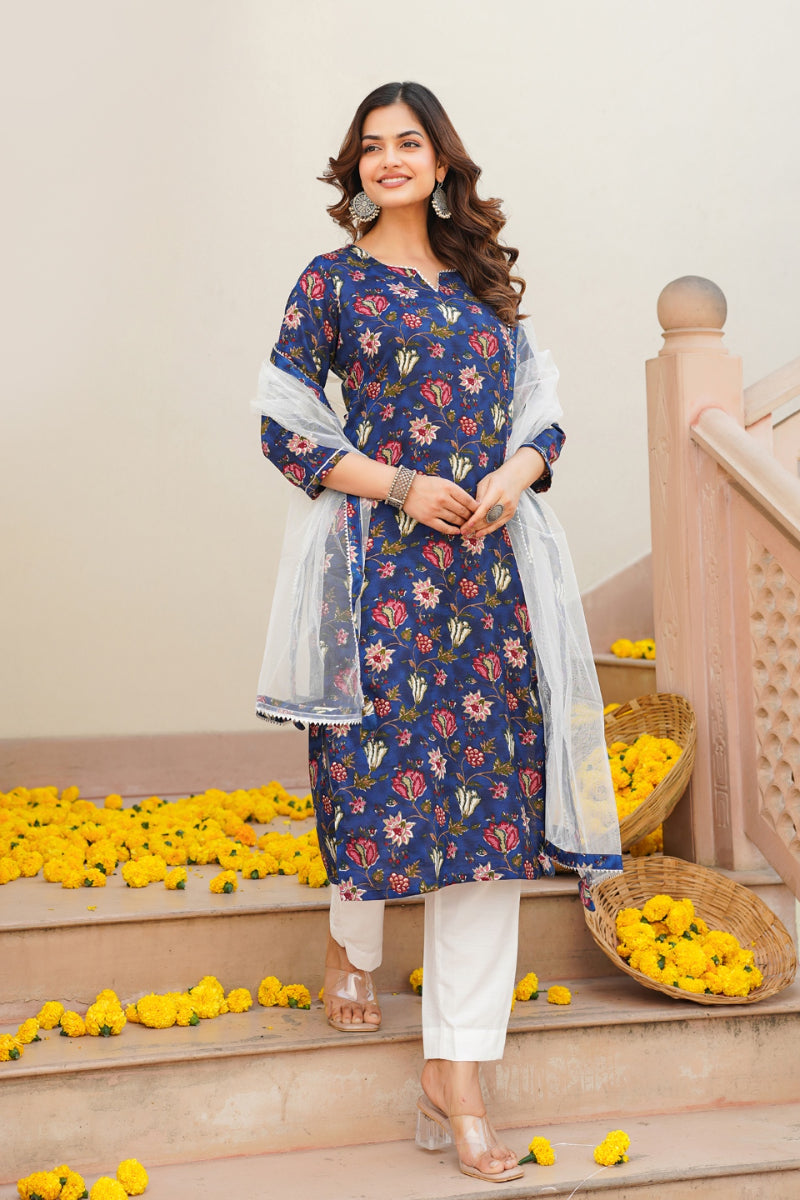 Blue Rayon Blend Printed Kurta Pant With Dupatta