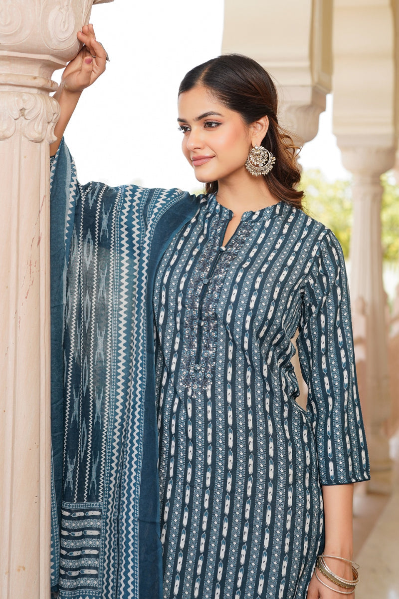 Rayon Blend Teal Straight Kurta Pant With Dupatta