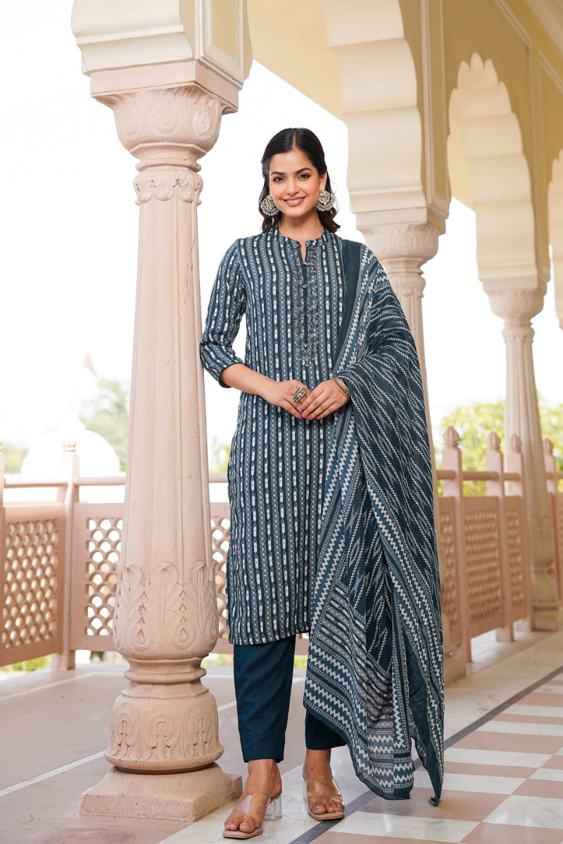 Rayon Blend Teal Straight Kurta Pant With Dupatta