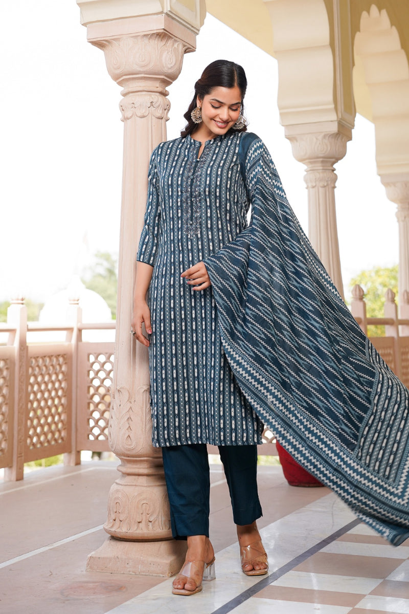 Rayon Blend Teal Straight Kurta Pant With Dupatta
