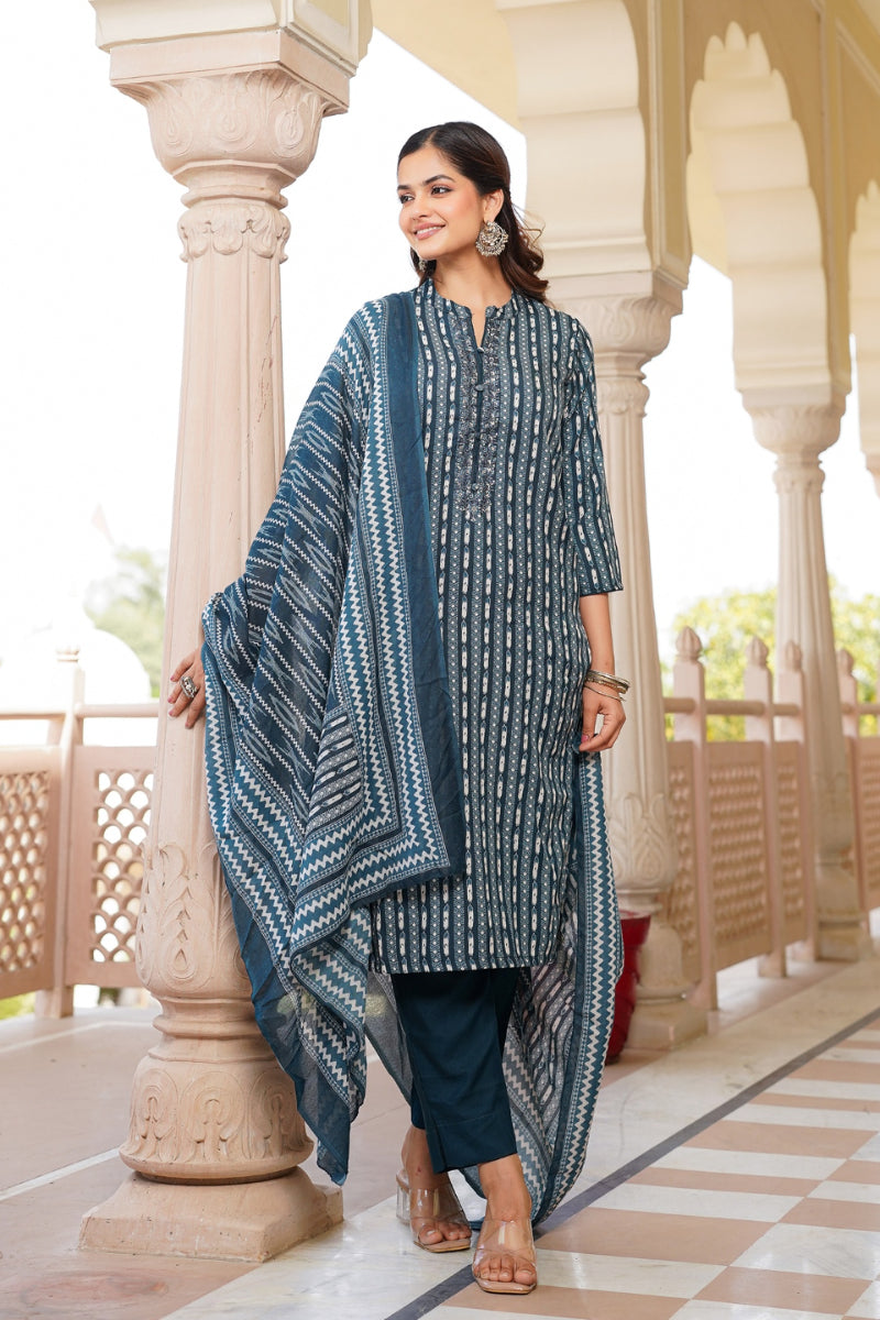 Rayon Blend Teal Straight Kurta Pant With Dupatta