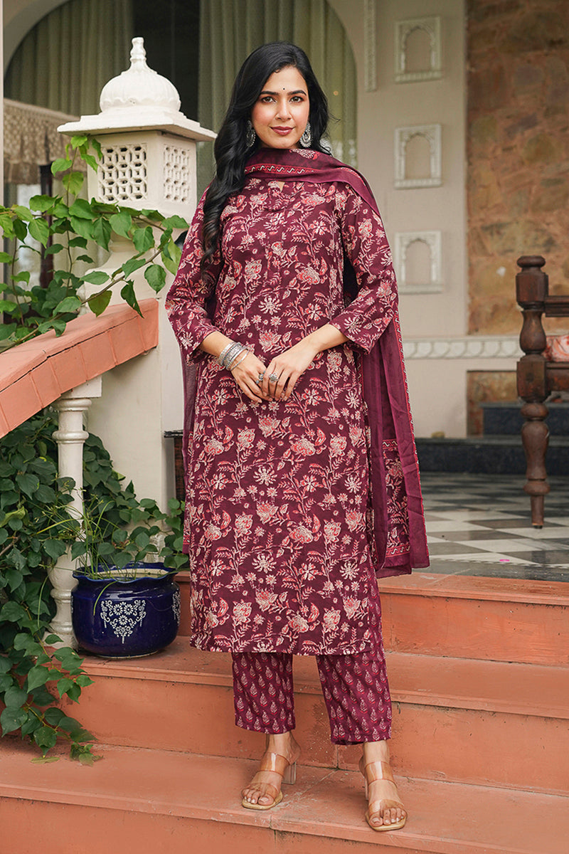 Maroon Rayon Blend Floral Printed Straight Suit Set