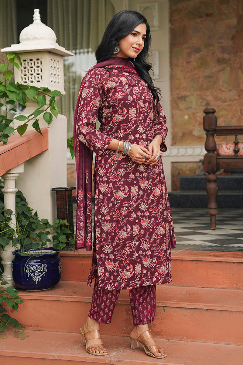 Maroon Rayon Blend Floral Printed Straight Suit Set
