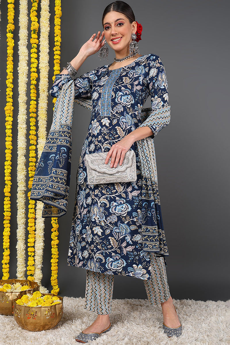Blue Rayon Blend Floral Printed Straight Suit Set