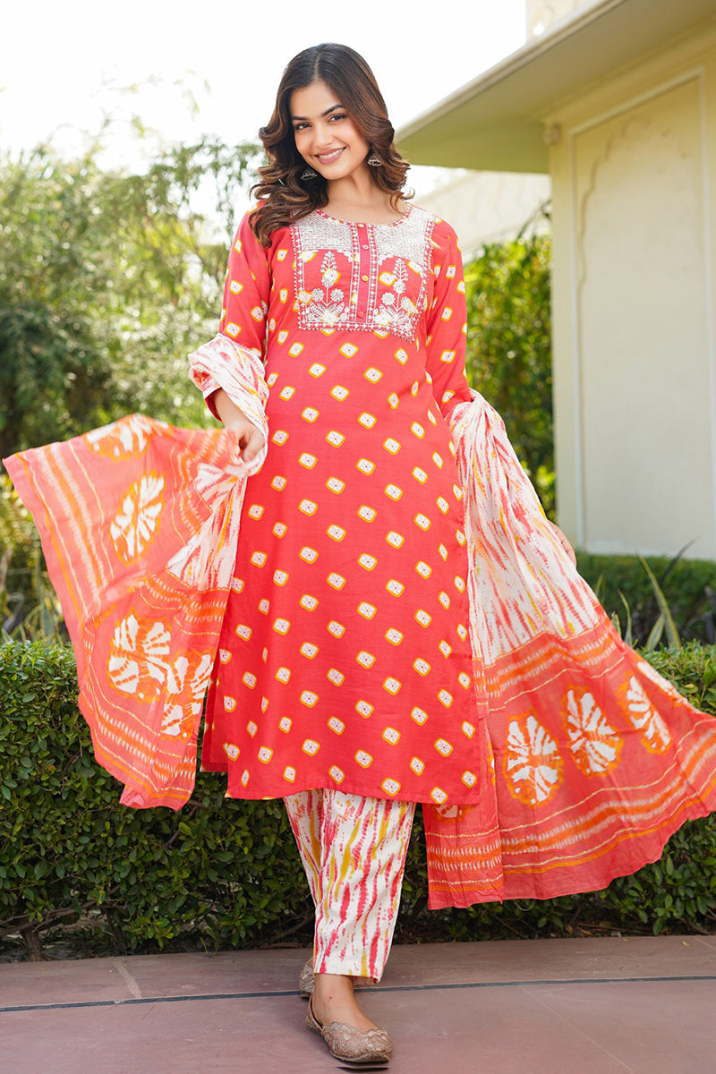 Orange Rayon Blend Bandhani Embroidered Straight Trouser Bottom Suit Set